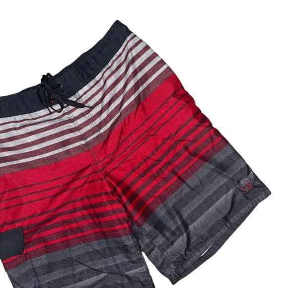 Ocean Pacific OP Swim Trunks Mens L 36-38 Red Gray Striped Pocket Logo Swimwear - Picture 3 of 8